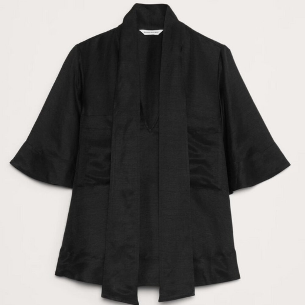 Banana Republic Black VISCOSE-LINEN TIE-NECK TOP nwt Sz M 742618